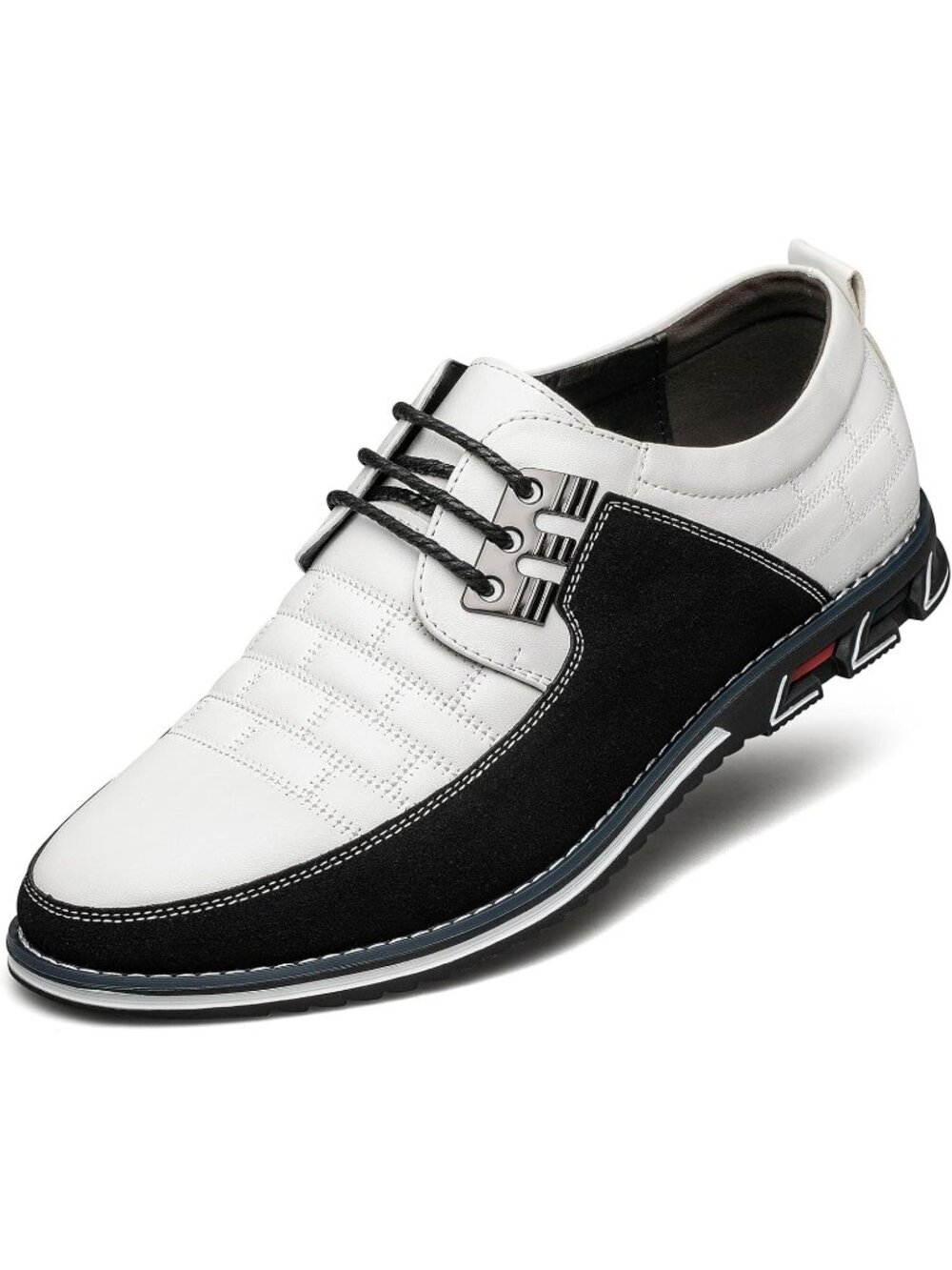 Men's White Plaid Embossed Grid Leather Comfortable Hybrid Oxford Dress Sneakers